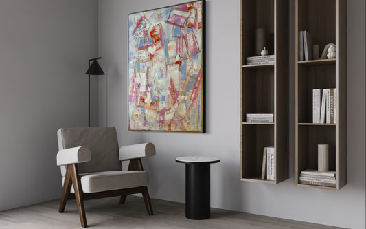 36x48 palette scrape abstract, white, pink, orange, blue