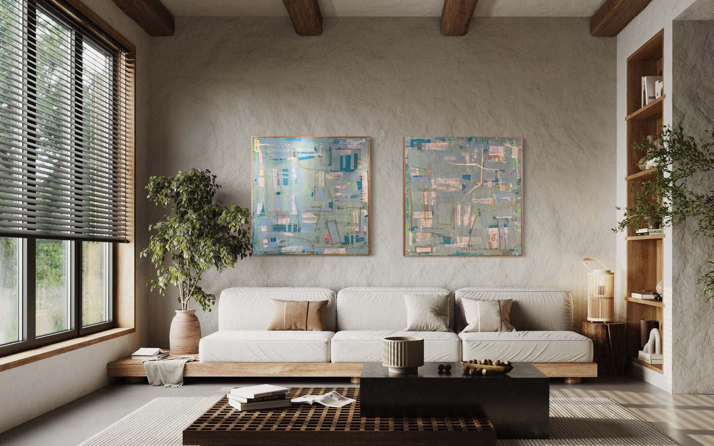 48x48 Intersections abstract, blues with gold/pink/green highlights