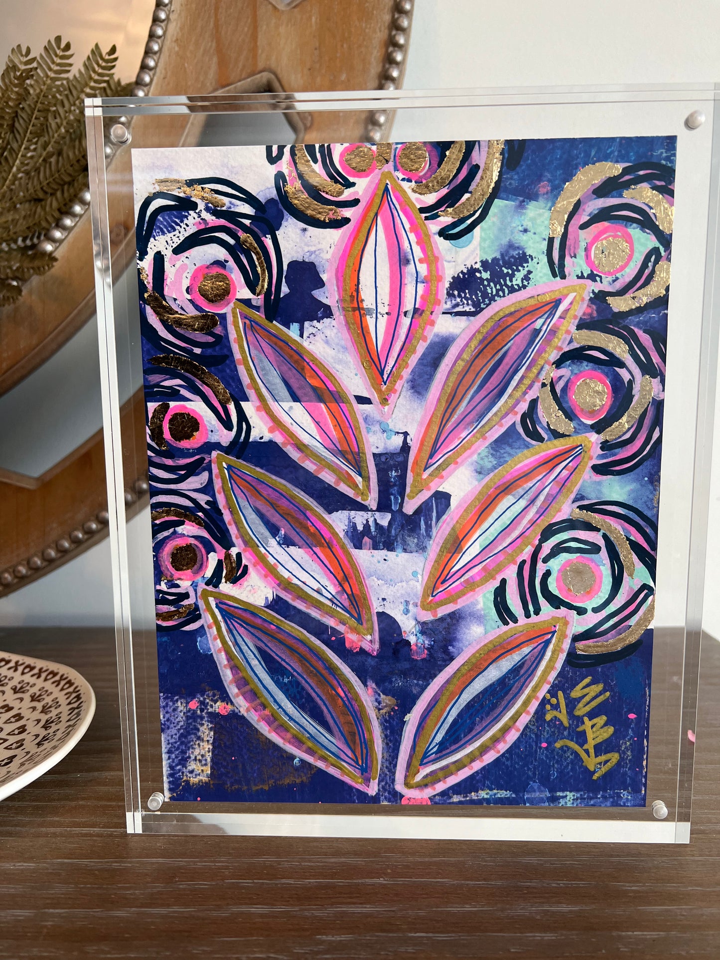 6.5x9 floral abstract, gold leaf