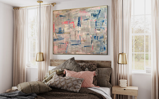 48x60 Palette scrape abstract white, blue, pink with gold highlight