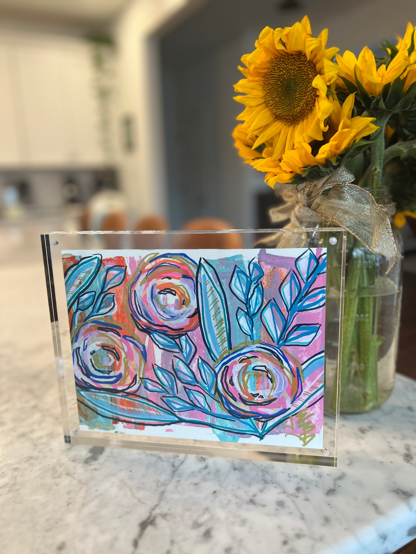 6.5x9 floral abstract, navy, pinks, gold