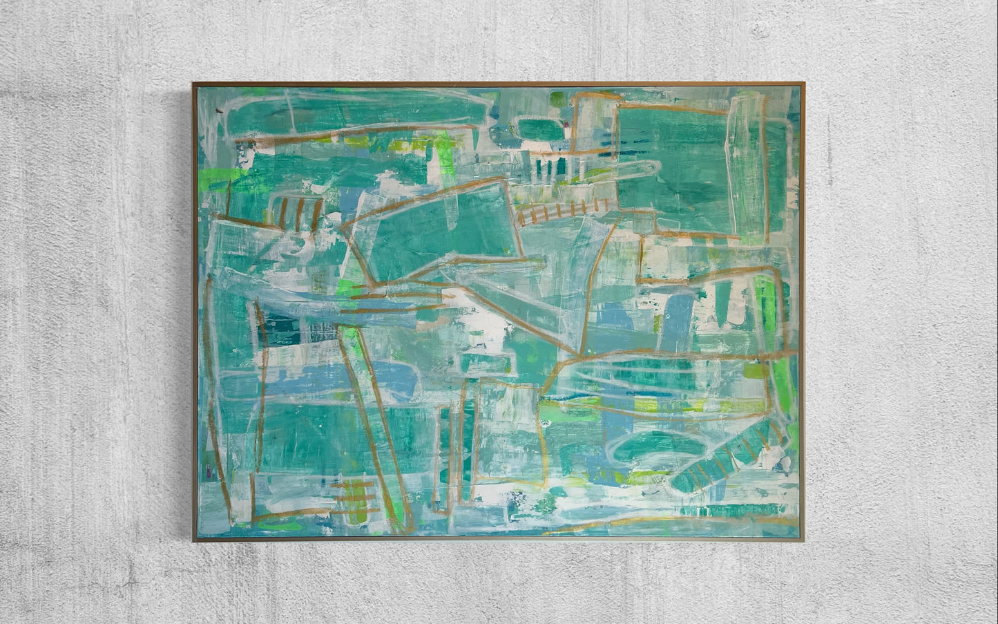 36x48 palette scrape abstract, blue/green with gold