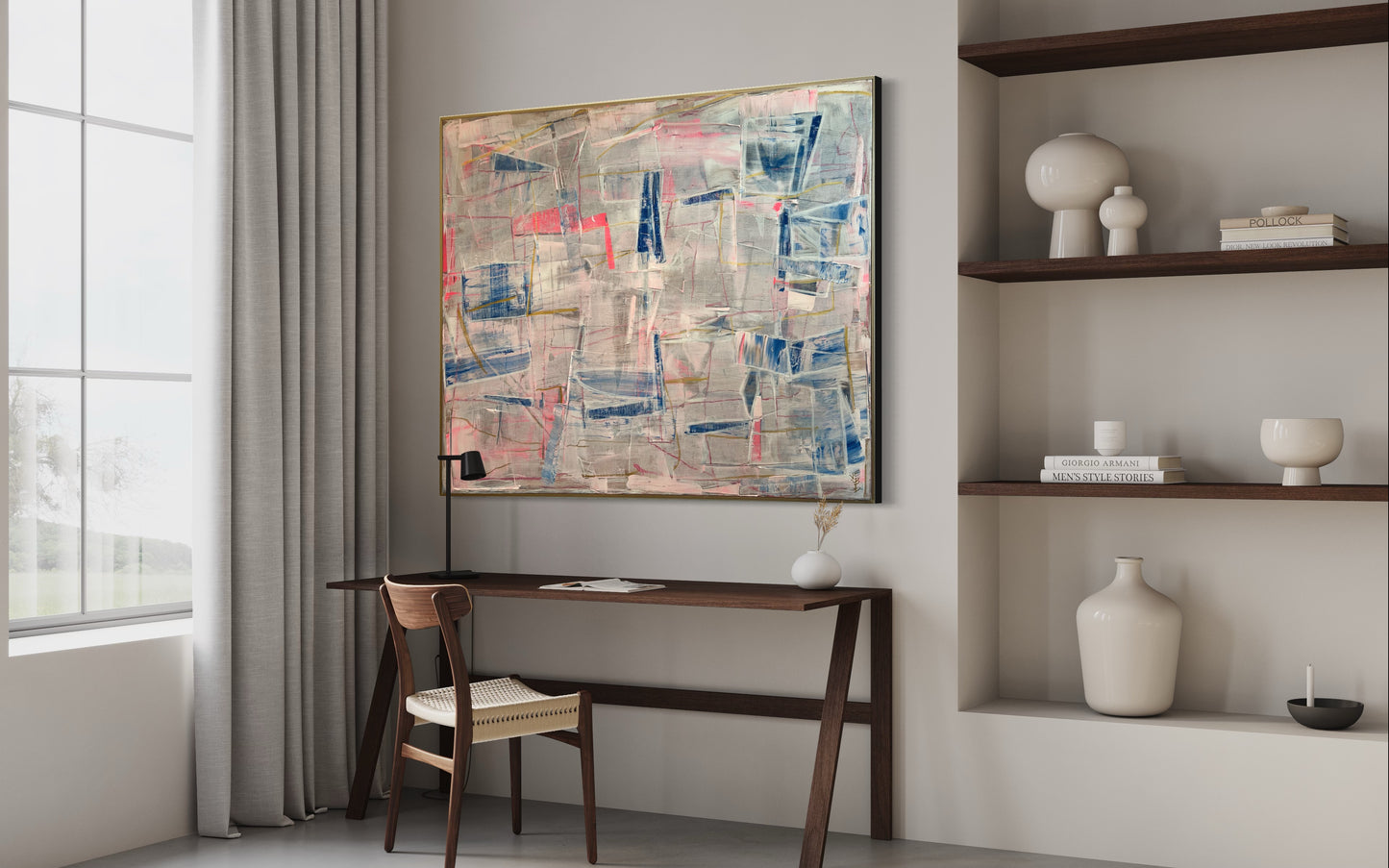 48x60 Palette scrape abstract white, blue, pink with gold highlight