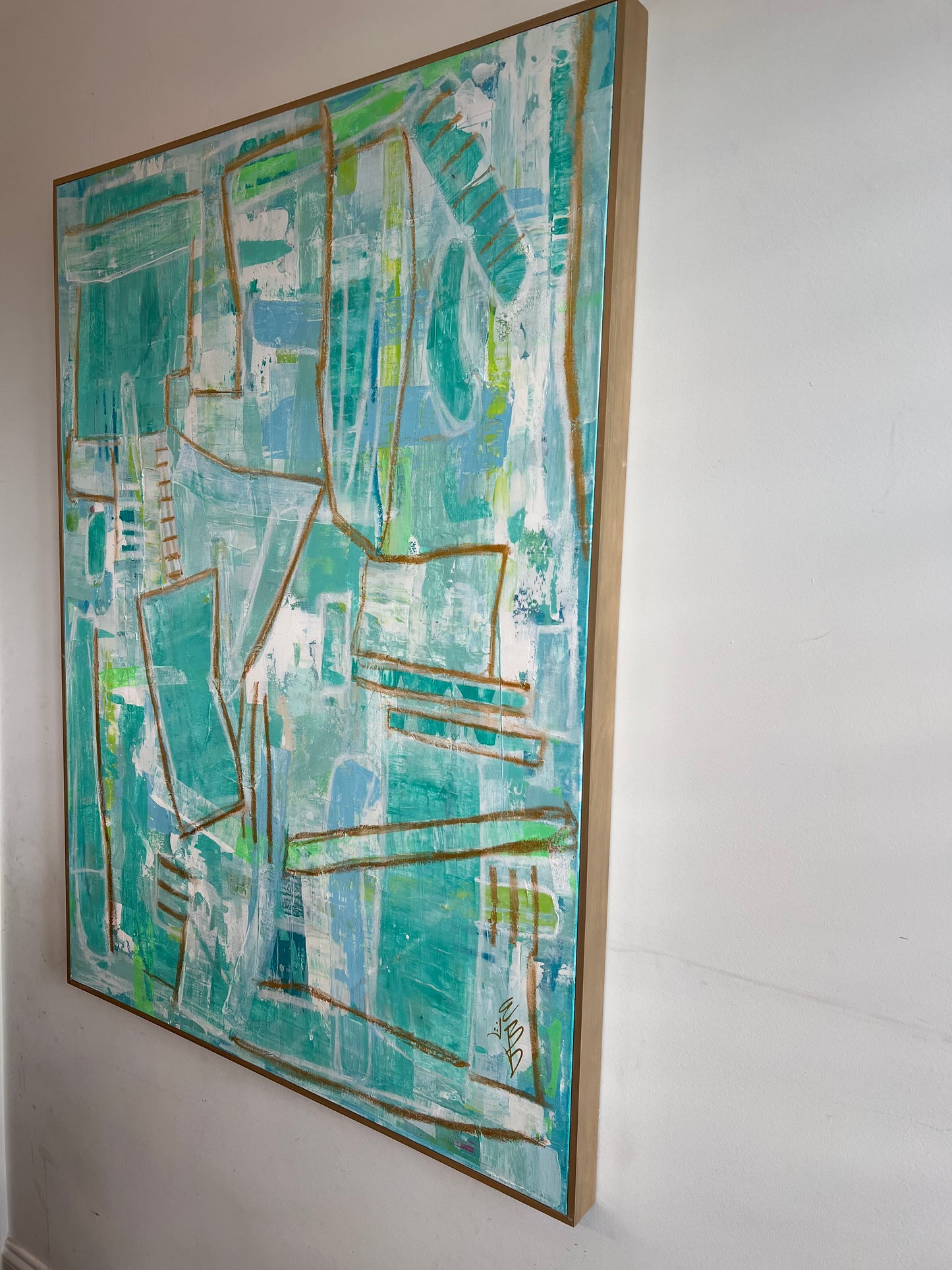36x48 palette scrape abstract, blue/green with gold