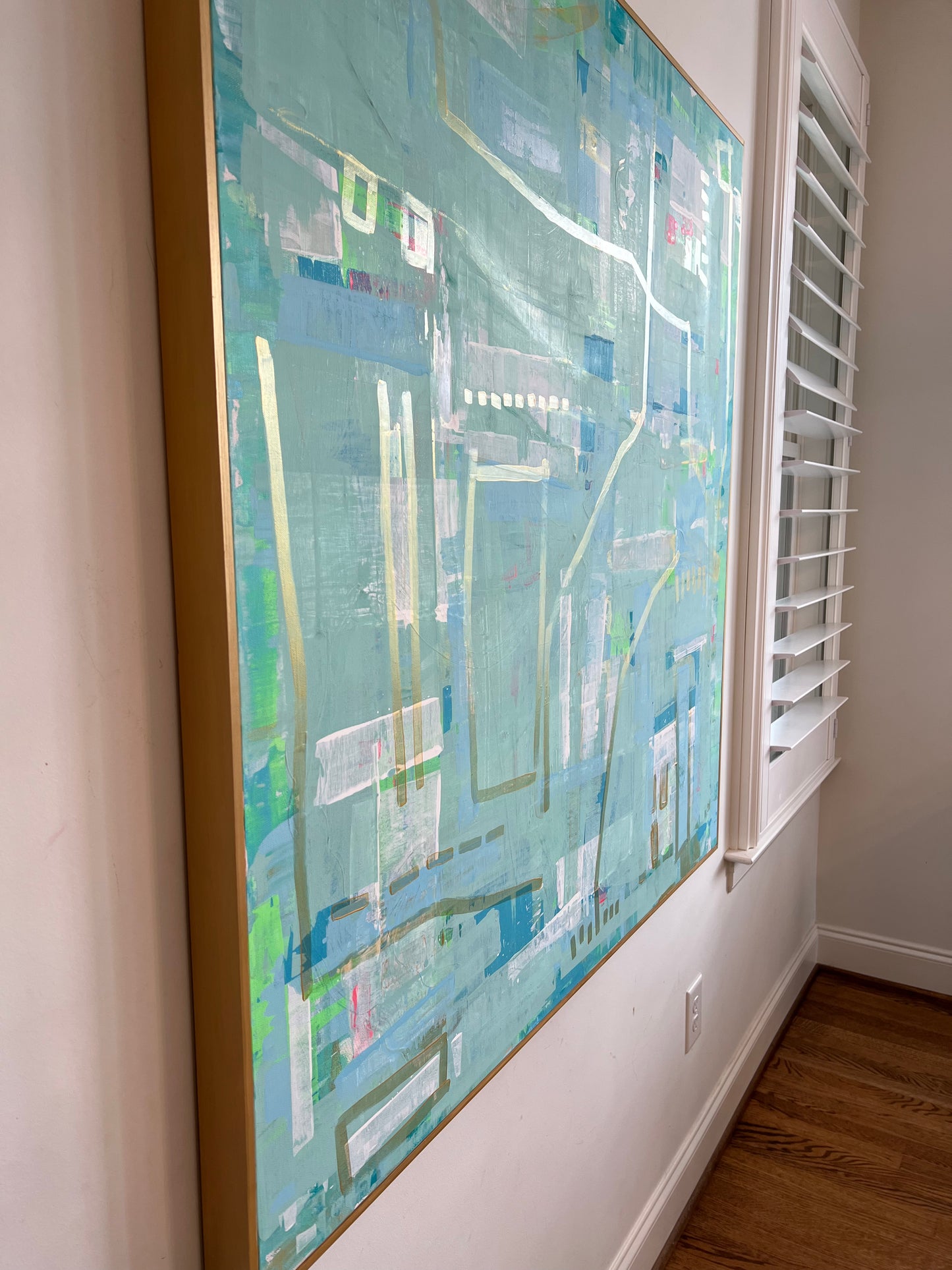 48x48 Intersections abstract with blues, gold/pink/green highlights