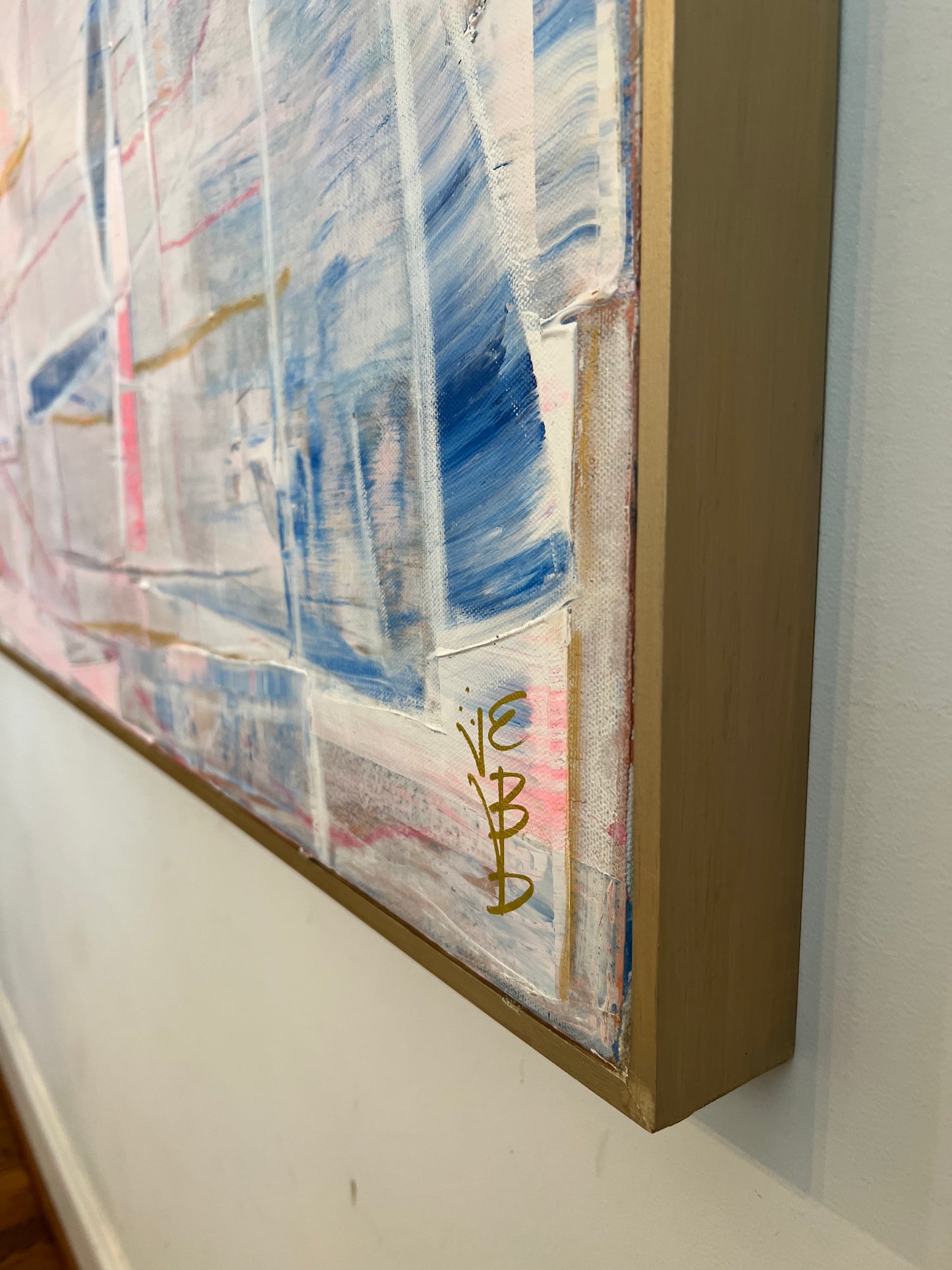 48x60 Palette scrape abstract white, blue, pink with gold highlight