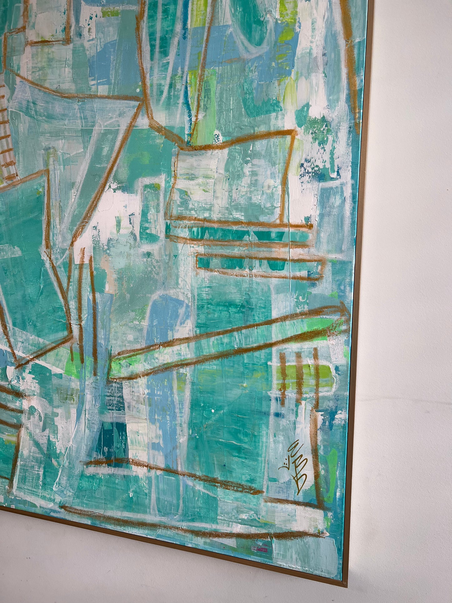 36x48 palette scrape abstract, blue/green with gold