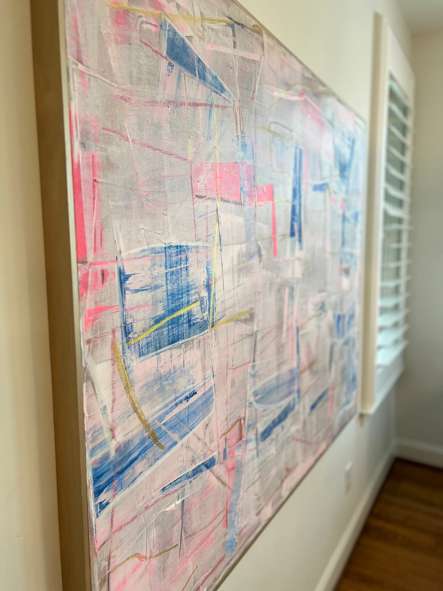 48x60 Palette scrape abstract white, blue, pink with gold highlight