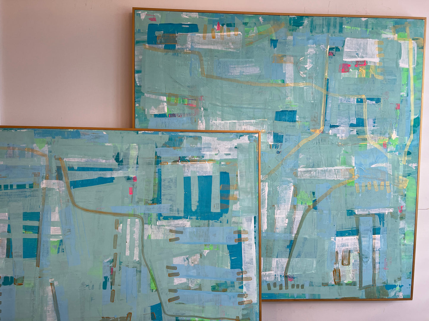 48x48 Intersections abstract with blues, gold/pink/green highlights