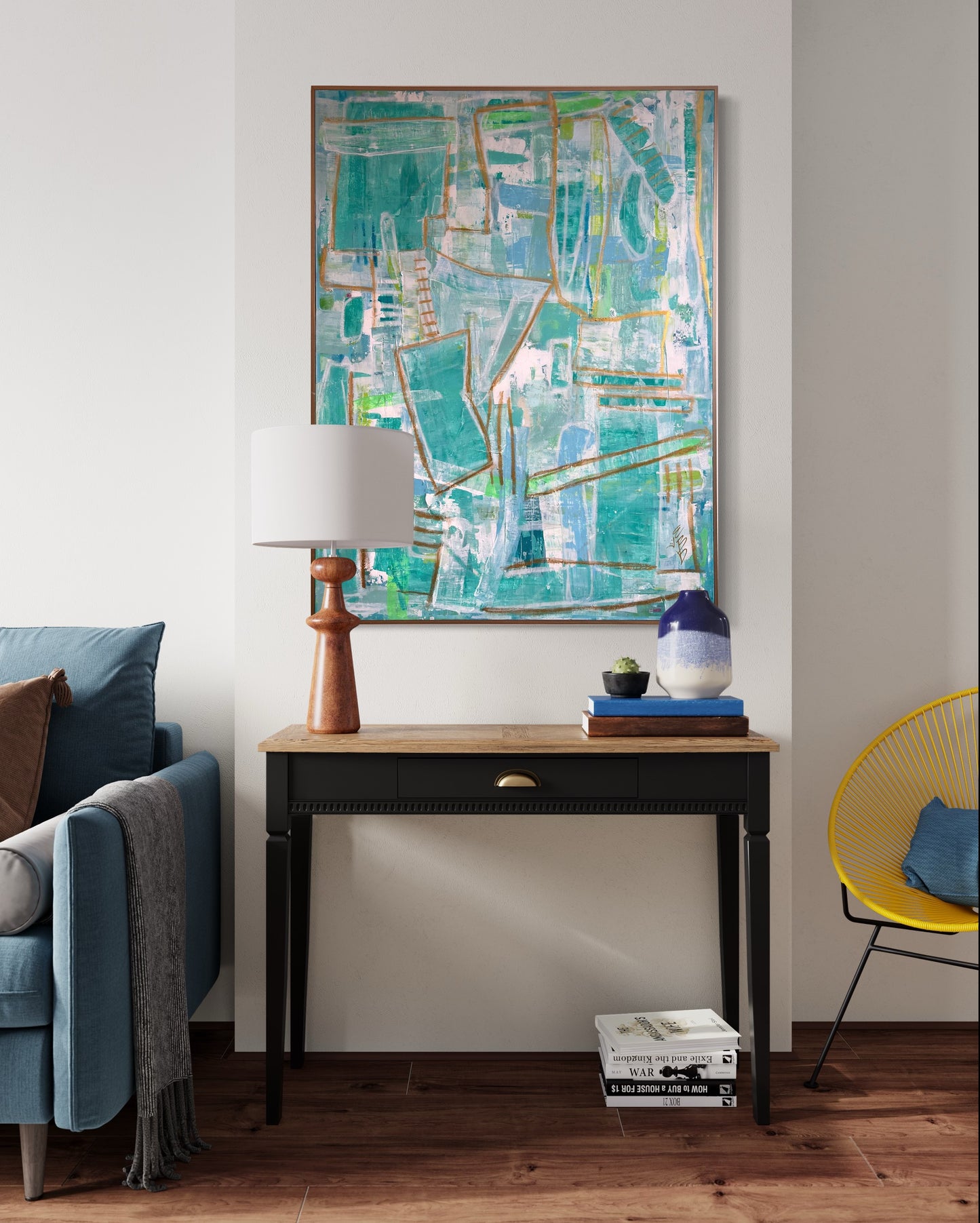 36x48 palette scrape abstract, blue/green with gold