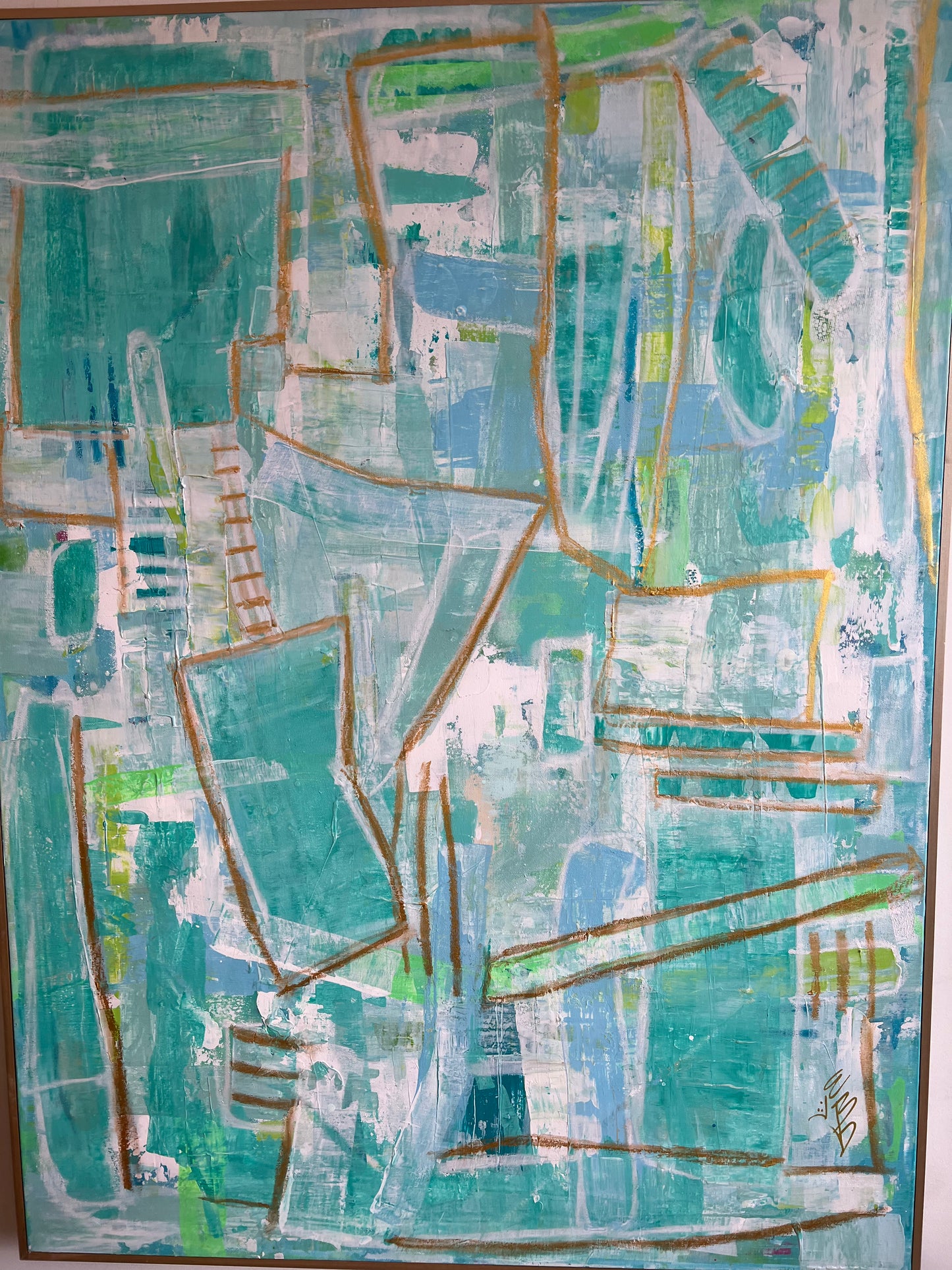 36x48 palette scrape abstract, blue/green with gold