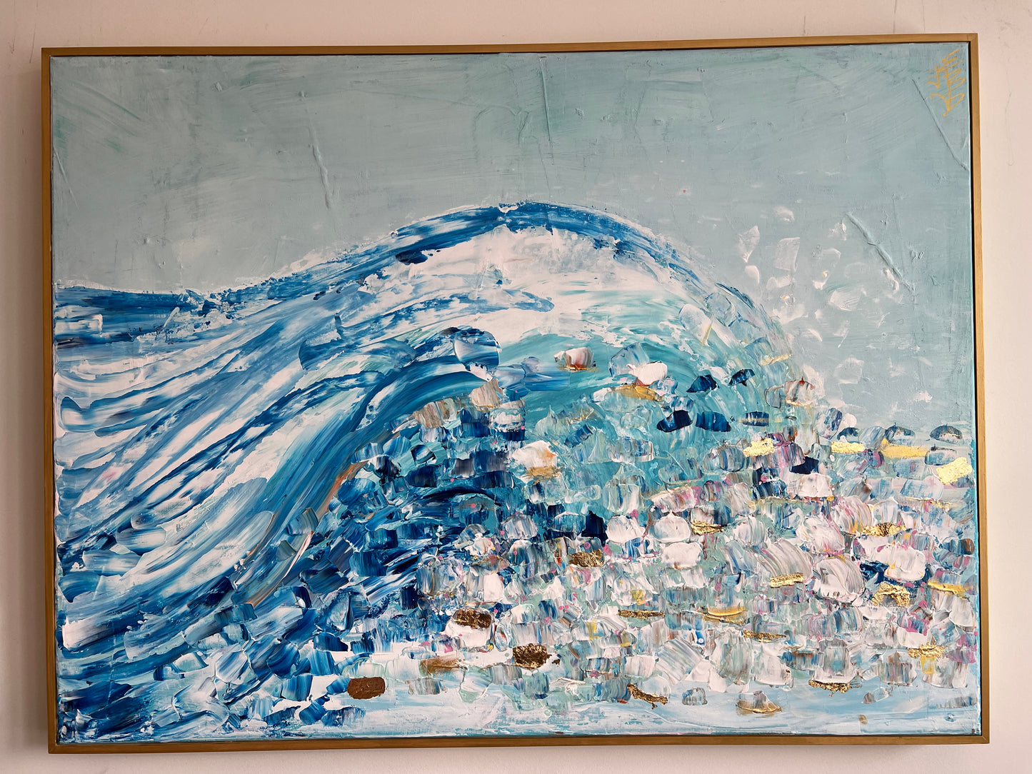 30x40 Textured abstract, wave with gold leaf