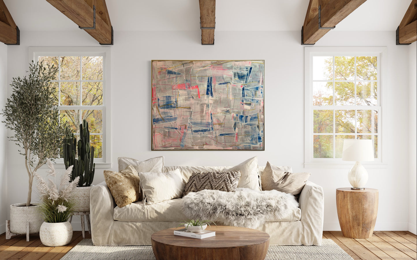 48x60 Palette scrape abstract white, blue, pink with gold highlight