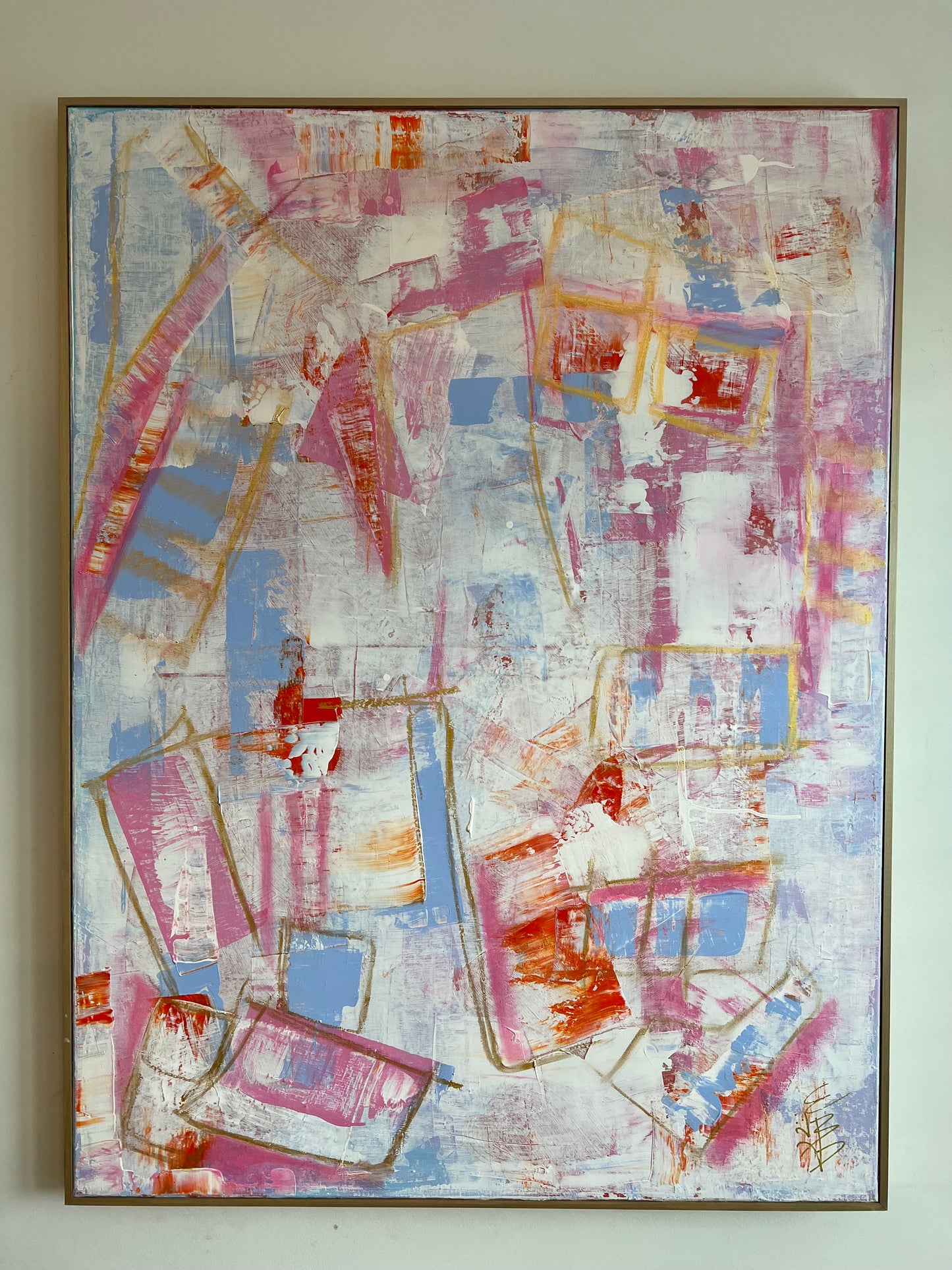 36x48 palette scrape abstract, white, pink, orange, blue