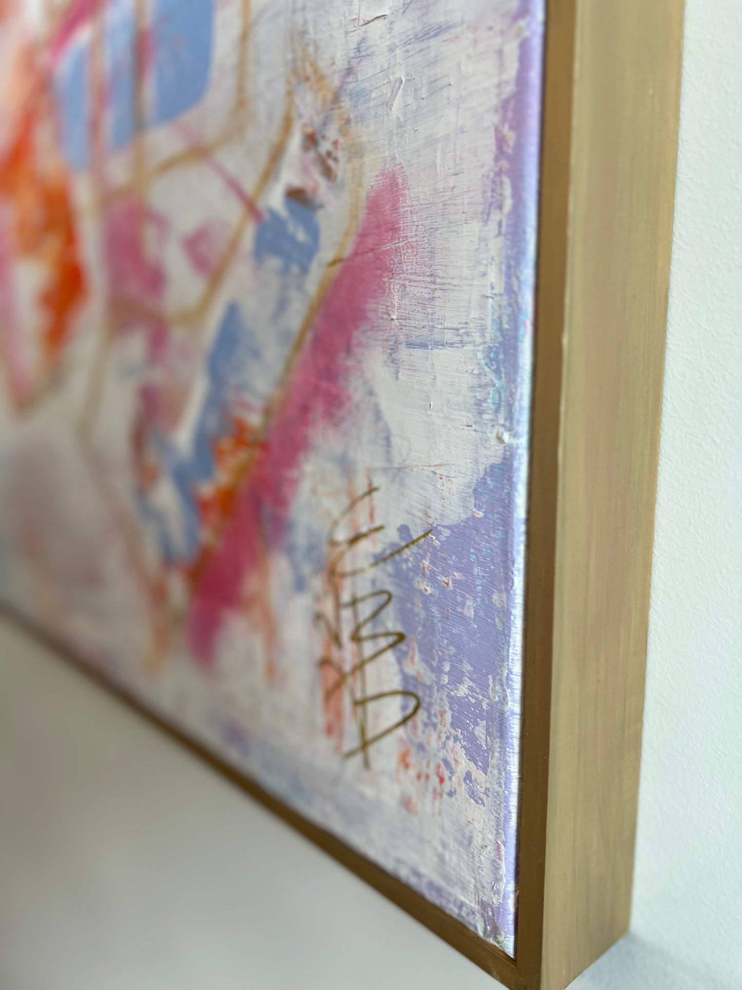 36x48 palette scrape abstract, white, pink, orange, blue