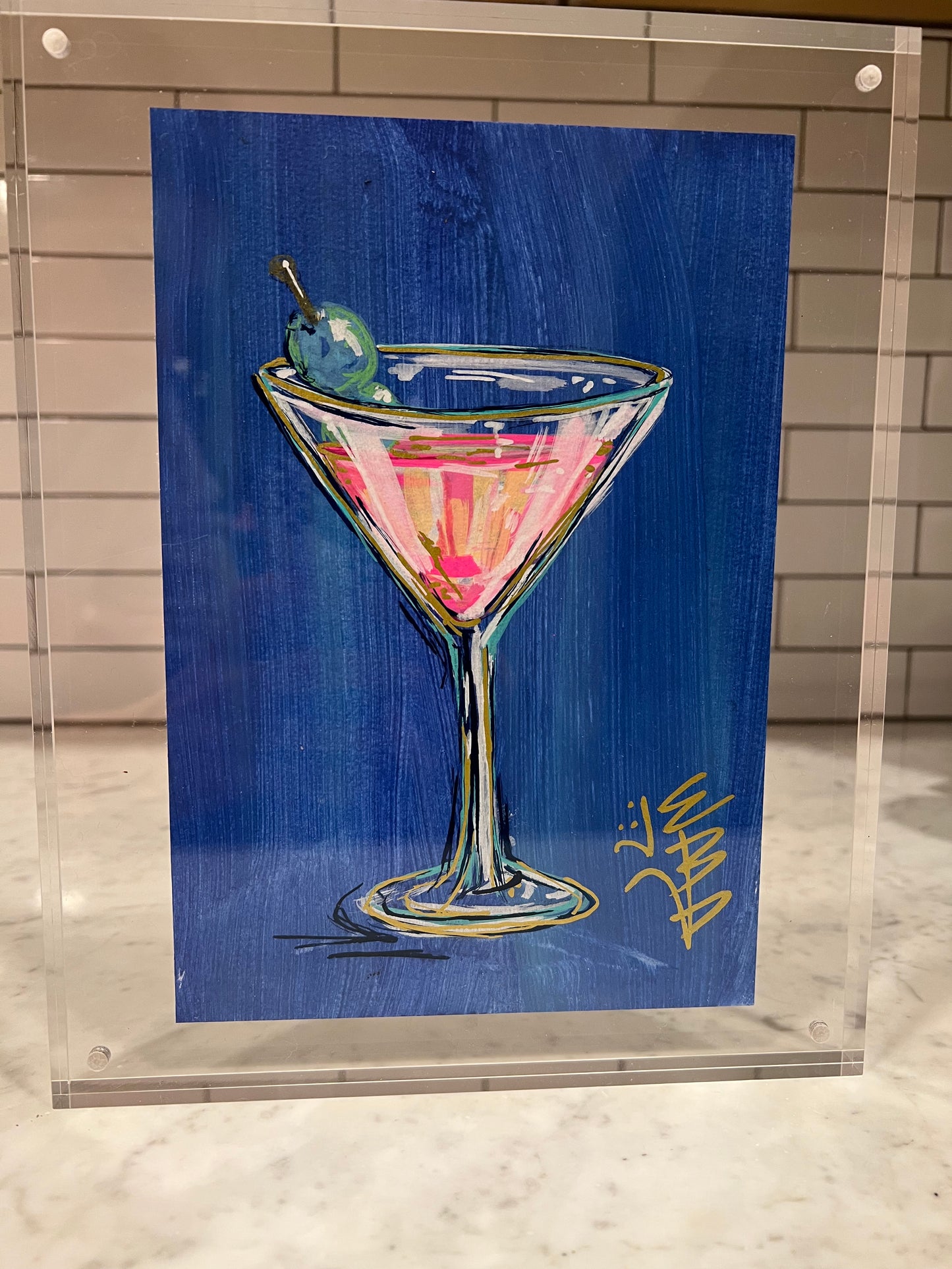 5x7 cocktail on paper, martini on blue