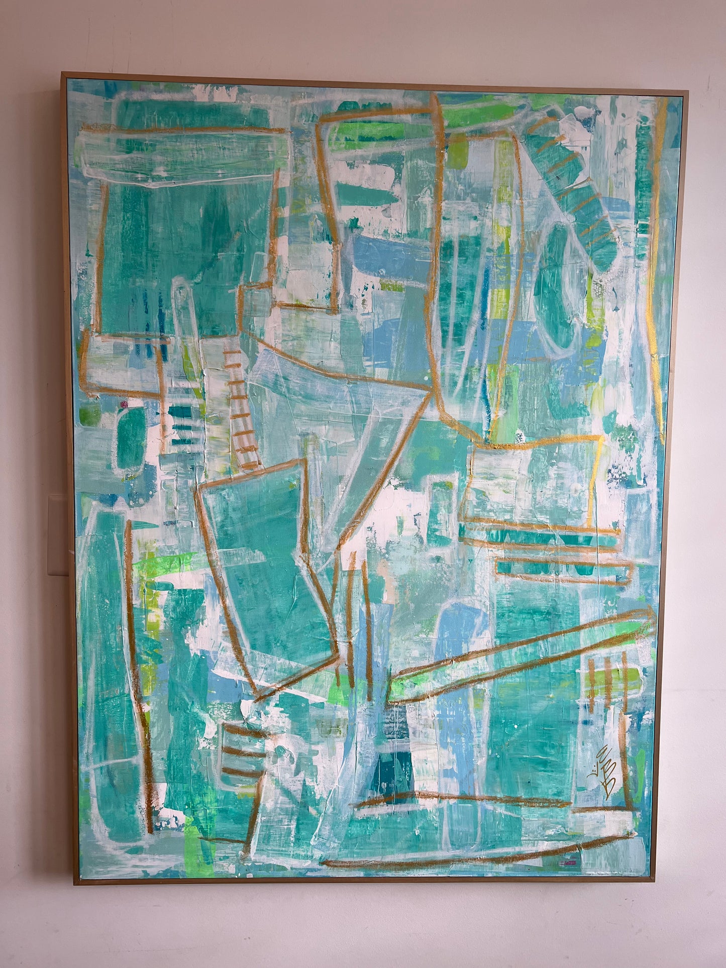 36x48 palette scrape abstract, blue/green with gold