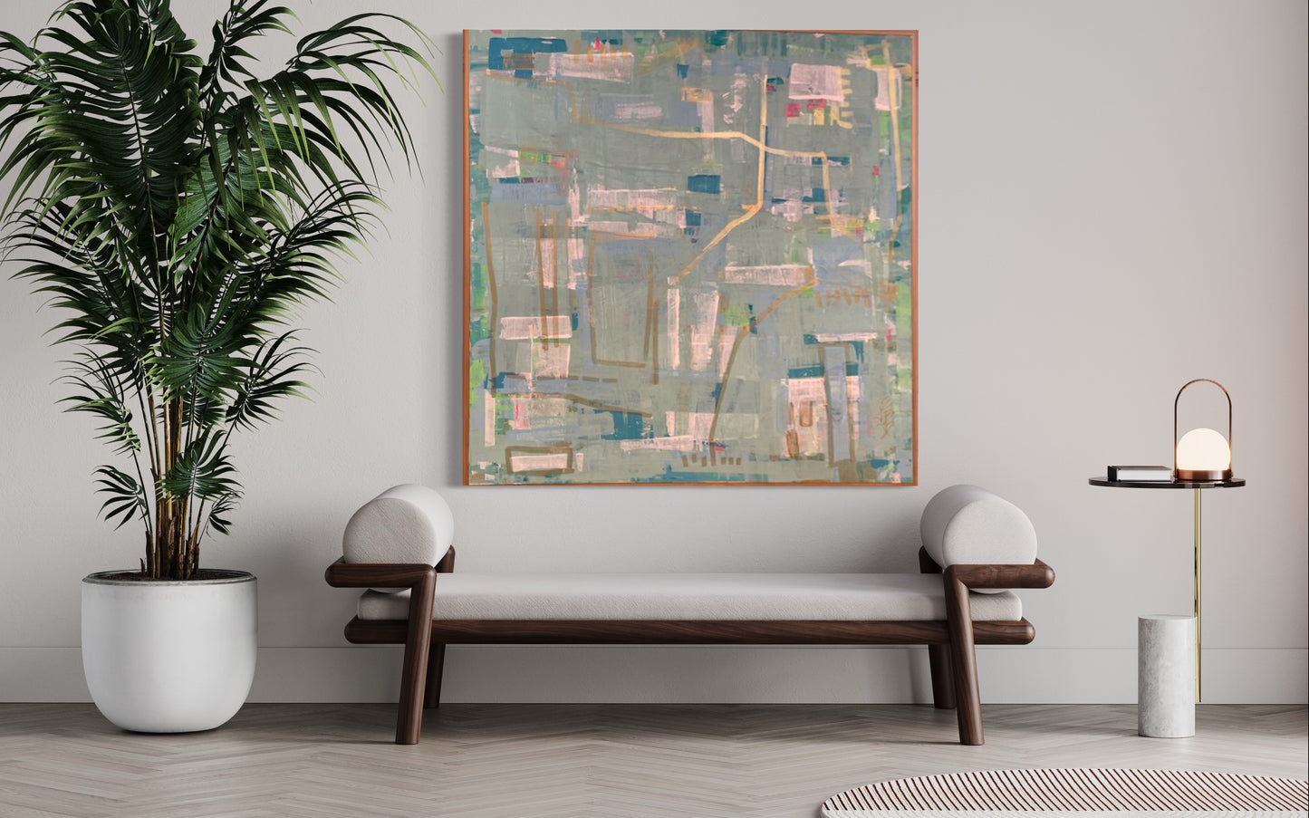 48x48 Intersections abstract with blues, gold/pink/green highlights