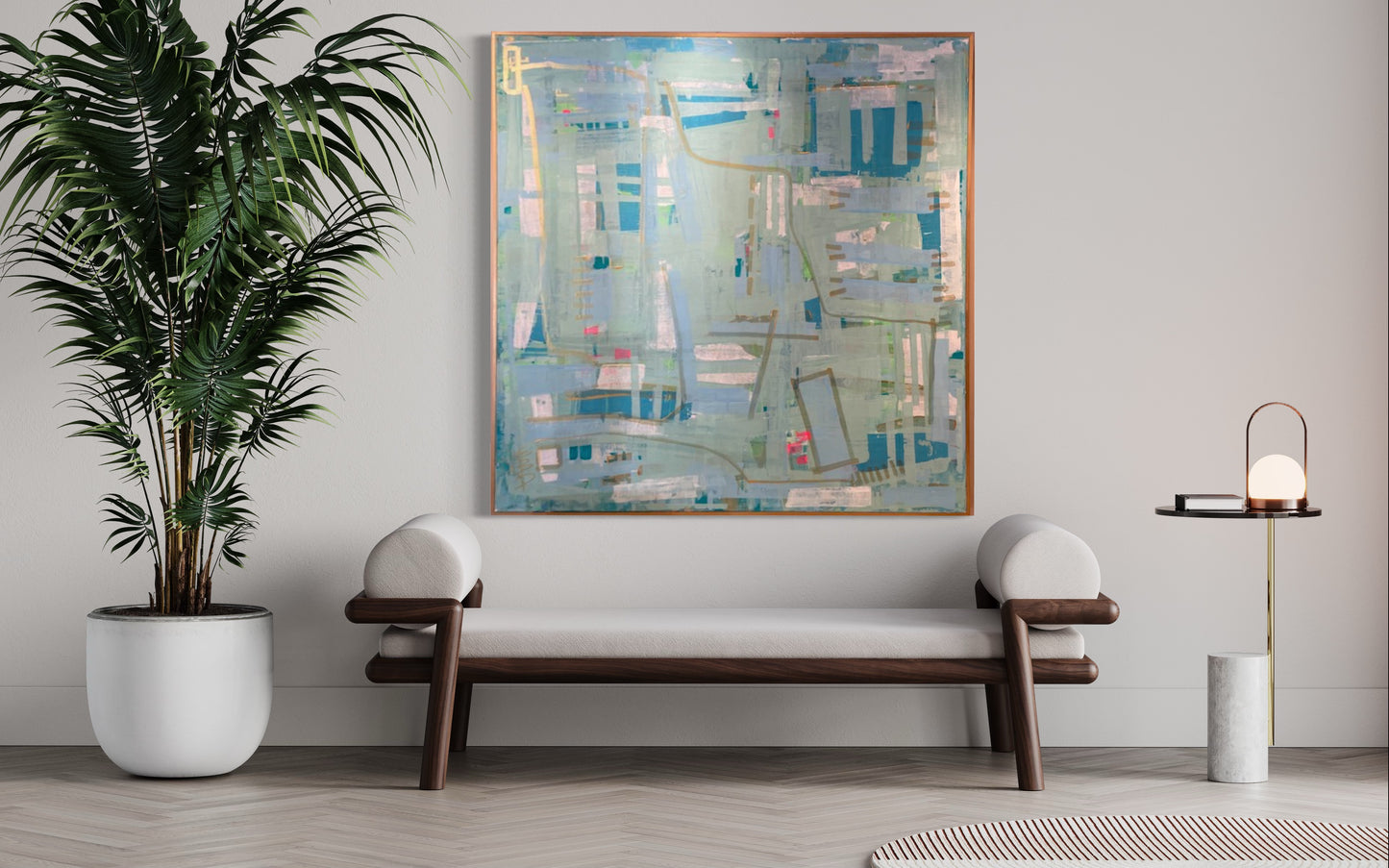 48x48 Intersections abstract, blues with gold/pink/green highlights